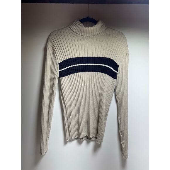 Old Navy Sz L Perfect Fit Ribbed Turtleneck Sweater Taupe Blue Classic - Picture 4 of 7
